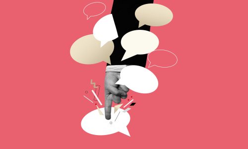Mixed media illustration of a finger pointing into a speech bubble, surrounded by more speech bubbles